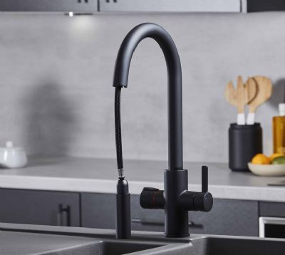 EVO PLATINUM/450 SERIES 4 IN 1 MATT BLACK BOILING WATER MONO DUAL LEVER SWAN NECK PULL-OUT KITCHEN SINK MIXER TAP with SWIVEL SPOUT, BWT454MB EVO PLATINUM/450 SERIES 4 IN 1 MATT BLACK BOILING WATER MONO DUAL LEVER SWAN NECK PULL-OUT KITCHEN SINK MIXER TAP with SWIVEL SPOUT, BWT454MB